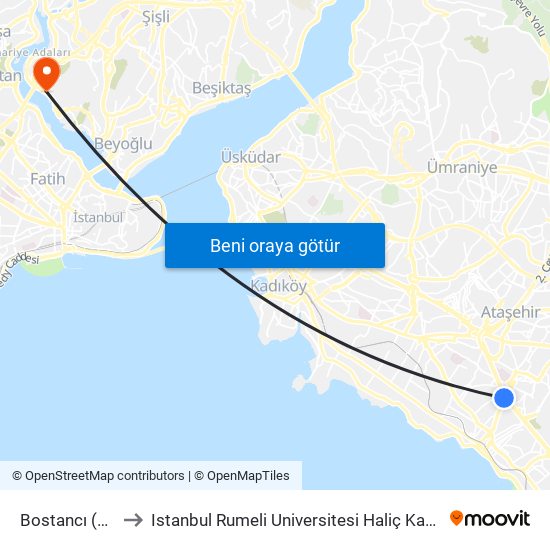 Bostancı (M4) to Istanbul Rumeli Universitesi Haliç Kampusu map