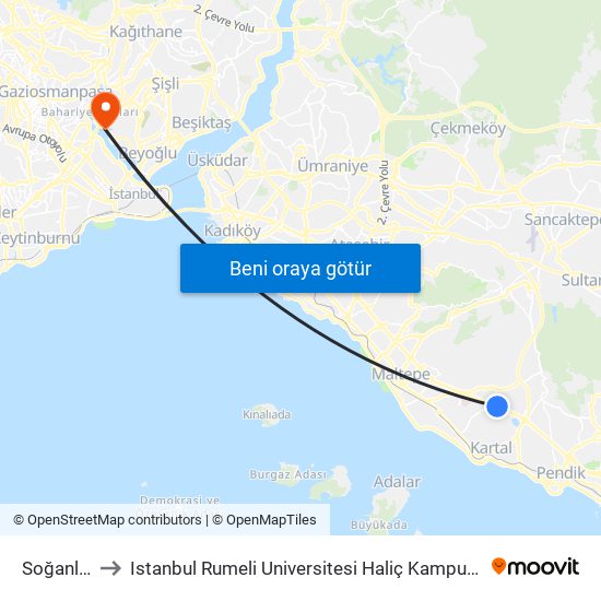 Soğanlık to Istanbul Rumeli Universitesi Haliç Kampusu map