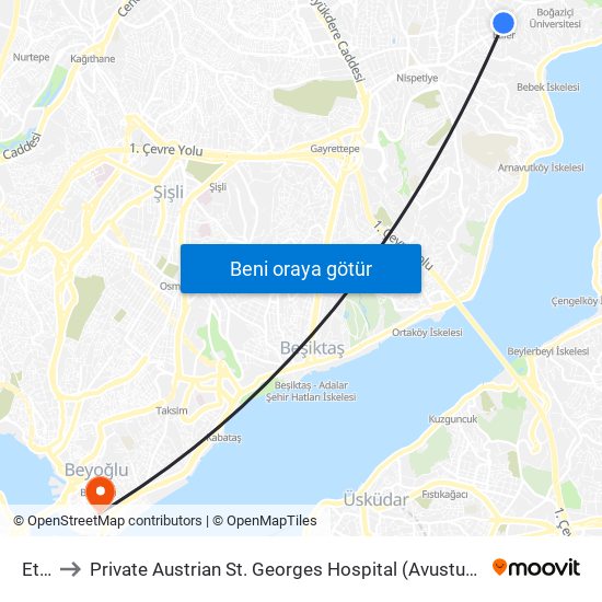 Etiler to Private Austrian St. Georges Hospital (Avusturya Sen Jorj Hastanesi) map