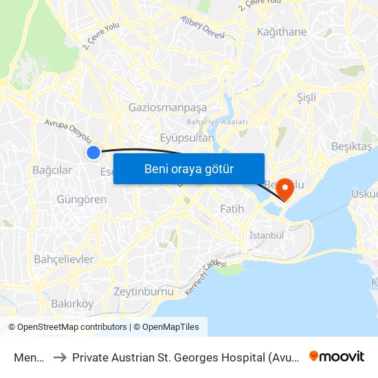 Menderes to Private Austrian St. Georges Hospital (Avusturya Sen Jorj Hastanesi) map