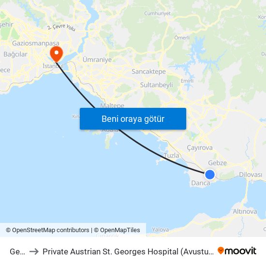 Gebze to Private Austrian St. Georges Hospital (Avusturya Sen Jorj Hastanesi) map