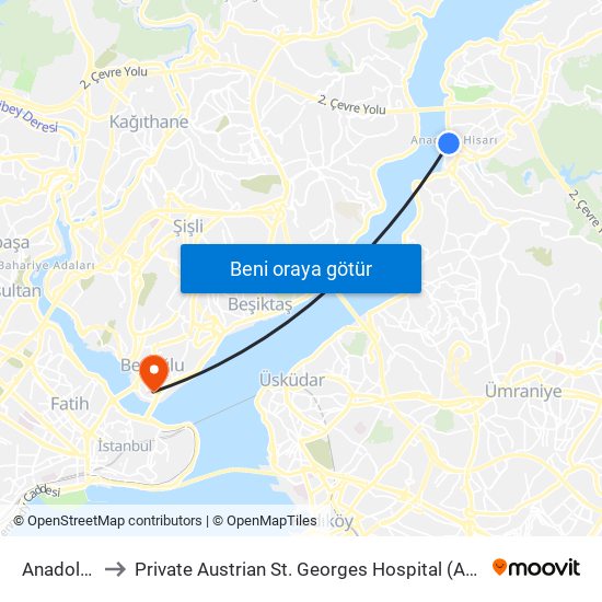 Anadolu Hisarı to Private Austrian St. Georges Hospital (Avusturya Sen Jorj Hastanesi) map