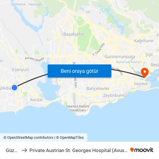 Güzelyurt to Private Austrian St. Georges Hospital (Avusturya Sen Jorj Hastanesi) map