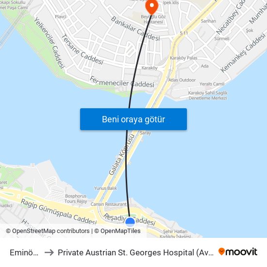 Eminönü (T1) to Private Austrian St. Georges Hospital (Avusturya Sen Jorj Hastanesi) map