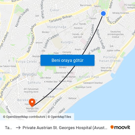 Taksim to Private Austrian St. Georges Hospital (Avusturya Sen Jorj Hastanesi) map