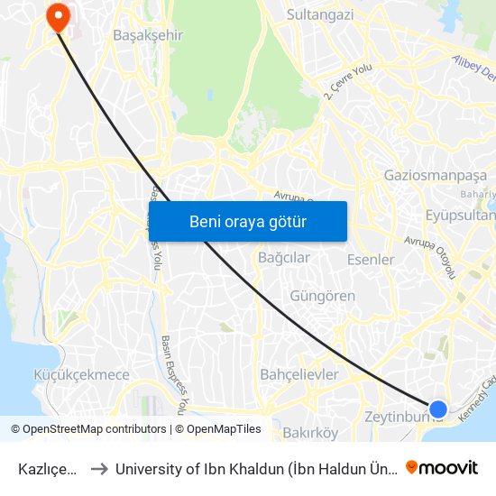 Kazlıçeşme to University of Ibn Khaldun (İbn Haldun Üniversitesi) map