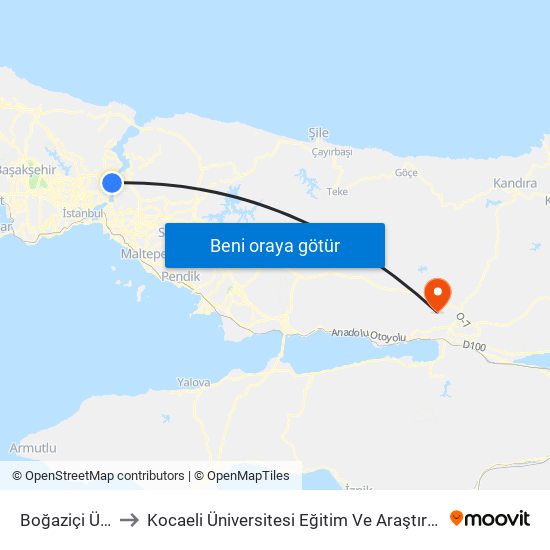 Boğaziçi Üniversitesi to Kocaeli Üniversitesi Eğitim Ve Araştırma Hastanesi Nefroloji Kliniği map