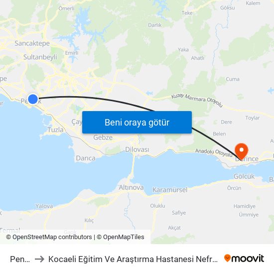 Pendik to Kocaeli Eğitim Ve Araştırma Hastanesi Nefroloji Bölümü map