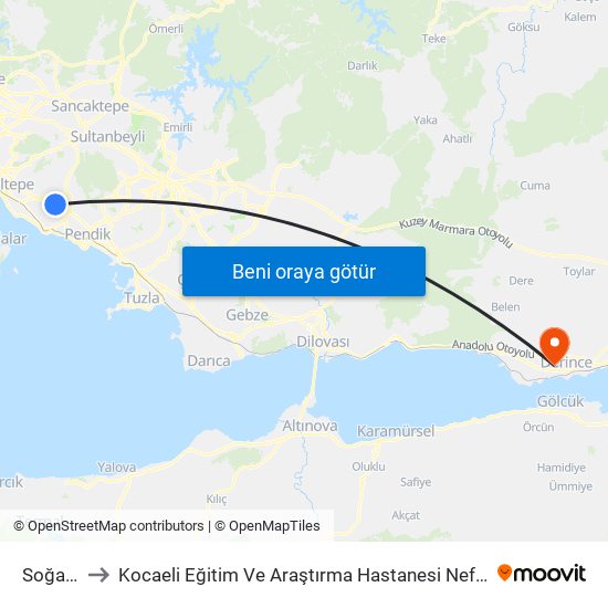 Soğanlık to Kocaeli Eğitim Ve Araştırma Hastanesi Nefroloji Bölümü map