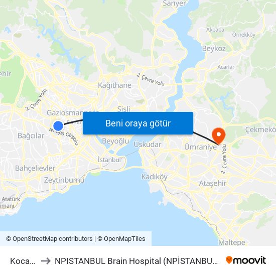 Kocatepe to NPISTANBUL Brain Hospital (NPİSTANBUL  Beyin Hastanesi) map