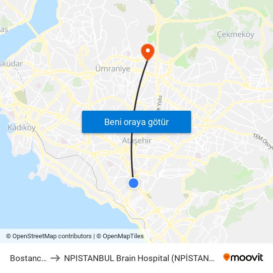 Bostancı (M4) to NPISTANBUL Brain Hospital (NPİSTANBUL  Beyin Hastanesi) map