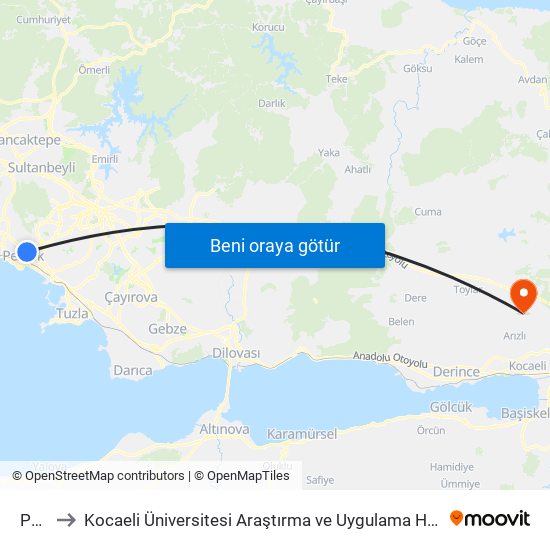 Pendik to Kocaeli Üniversitesi Araştırma ve Uygulama Hastanesi Kbb Ve Göğüs Cerrahi Servisi map