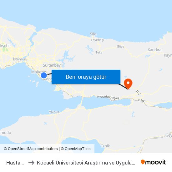 Hastane - Adliye to Kocaeli Üniversitesi Araştırma ve Uygulama Hastanesi Kbb Ve Göğüs Cerrahi Servisi map