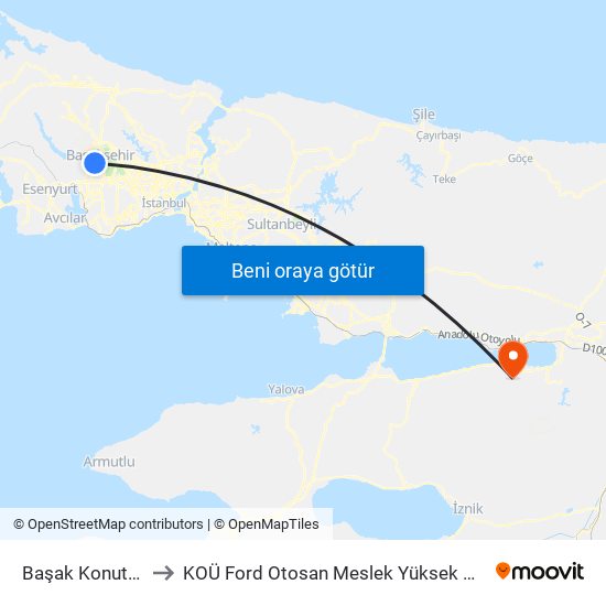 Başak Konutları to KOÜ Ford Otosan Meslek Yüksek Okulu map