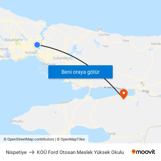 Nispetiye to KOÜ Ford Otosan Meslek Yüksek Okulu map