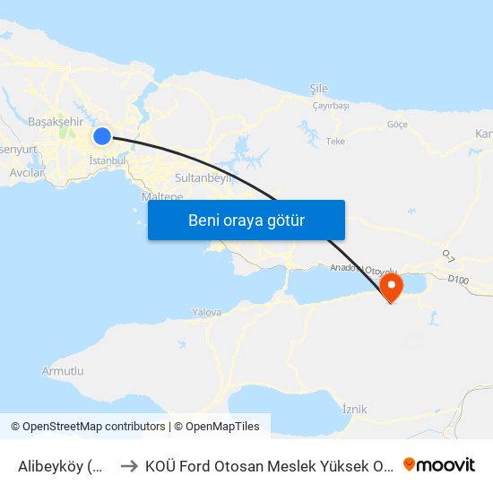 Alibeyköy (M7) to KOÜ Ford Otosan Meslek Yüksek Okulu map