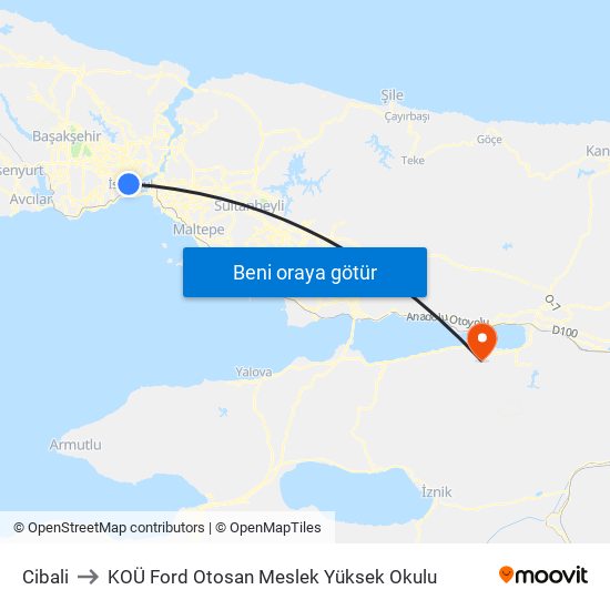 Cibali to KOÜ Ford Otosan Meslek Yüksek Okulu map