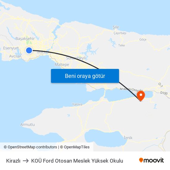 Kirazlı to KOÜ Ford Otosan Meslek Yüksek Okulu map