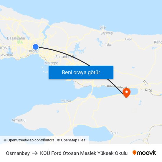 Osmanbey to KOÜ Ford Otosan Meslek Yüksek Okulu map