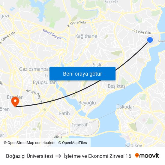 Boğaziçi Üniversitesi to İşletme ve Ekonomi Zirvesi'16 map