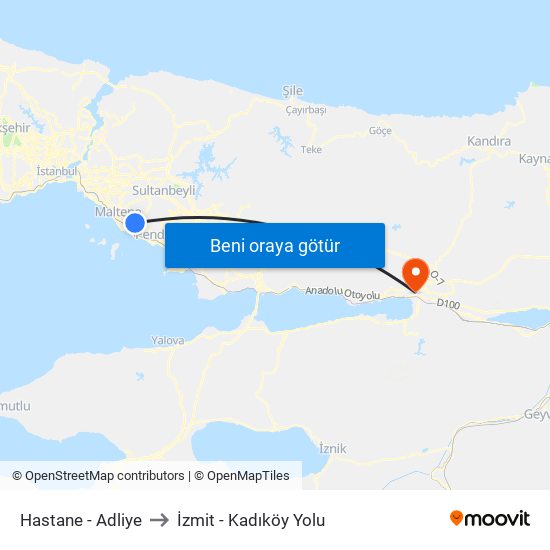 Hastane - Adliye to İzmit - Kadıköy Yolu map