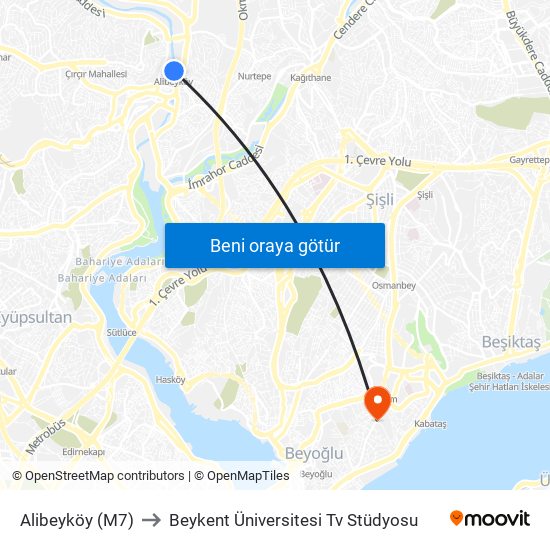 Alibeyköy (M7) to Beykent Üniversitesi Tv Stüdyosu map