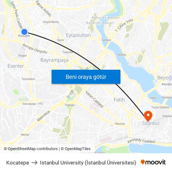 Kocatepe to Istanbul University (İstanbul Üniversitesi) map