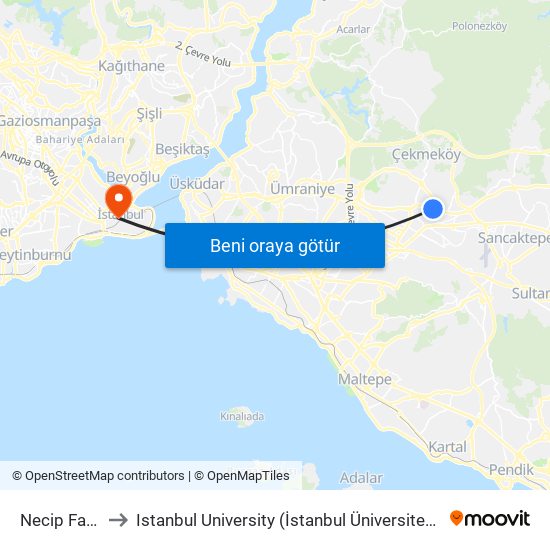 Necip Fazıl to Istanbul University (İstanbul Üniversitesi) map