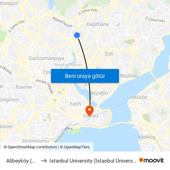 Alibeyköy (M7) to Istanbul University (İstanbul Üniversitesi) map