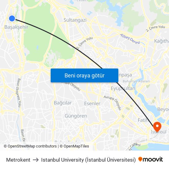 Metrokent to Istanbul University (İstanbul Üniversitesi) map