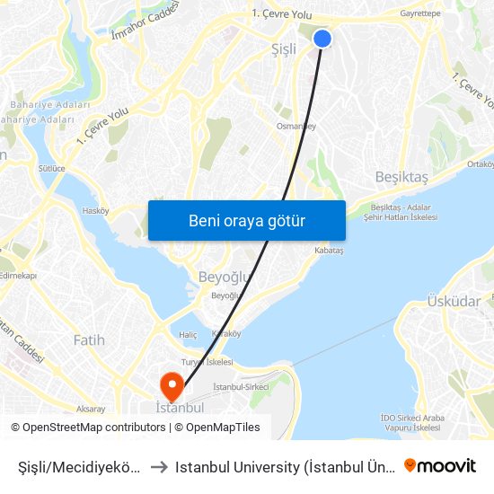 Şişli/Mecidiyeköy (M2) to Istanbul University (İstanbul Üniversitesi) map