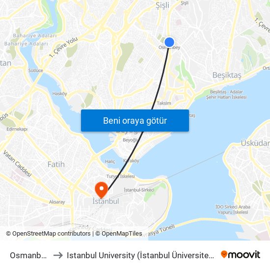 Osmanbey to Istanbul University (İstanbul Üniversitesi) map