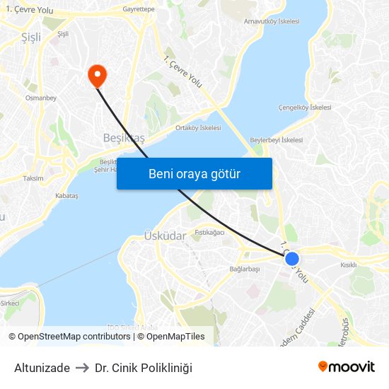 Altunizade to Dr. Cinik Polikliniği map