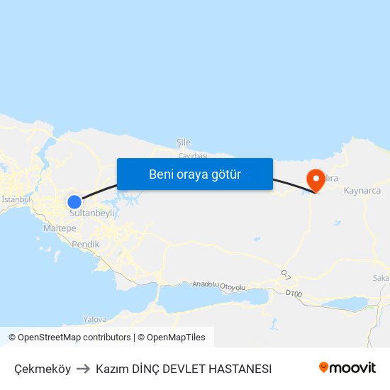 Çekmeköy to Kazım DİNÇ DEVLET HASTANESI map