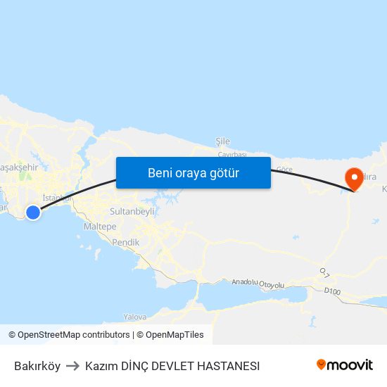 Bakırköy to Kazım DİNÇ DEVLET HASTANESI map