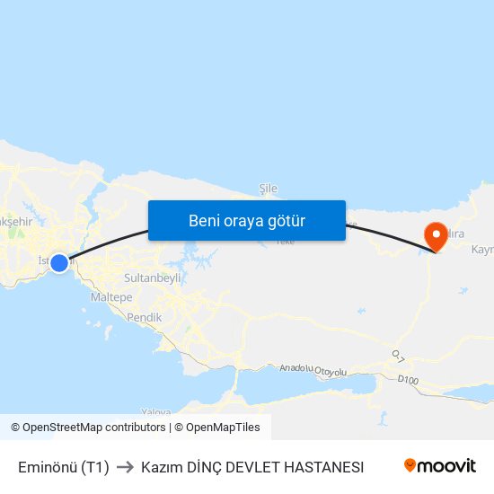 Eminönü (T1) to Kazım DİNÇ DEVLET HASTANESI map