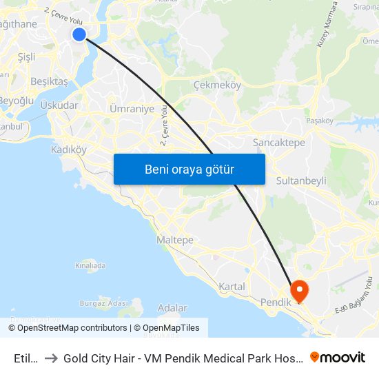 Etiler to Gold City Hair - VM Pendik Medical Park Hospital map