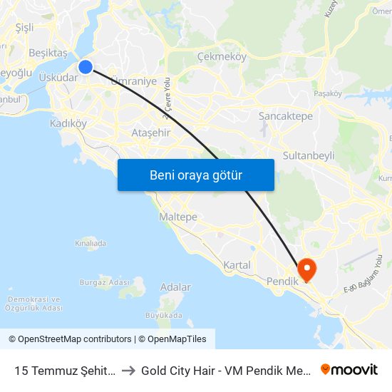 15 Temmuz Şehitler Köprüsü to Gold City Hair - VM Pendik Medical Park Hospital map