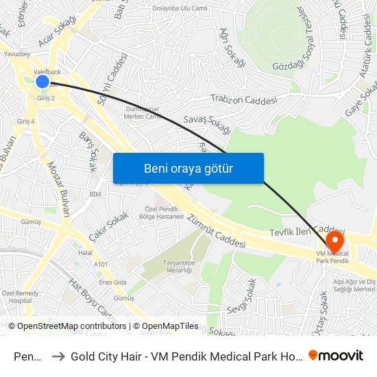 Pendik to Gold City Hair - VM Pendik Medical Park Hospital map