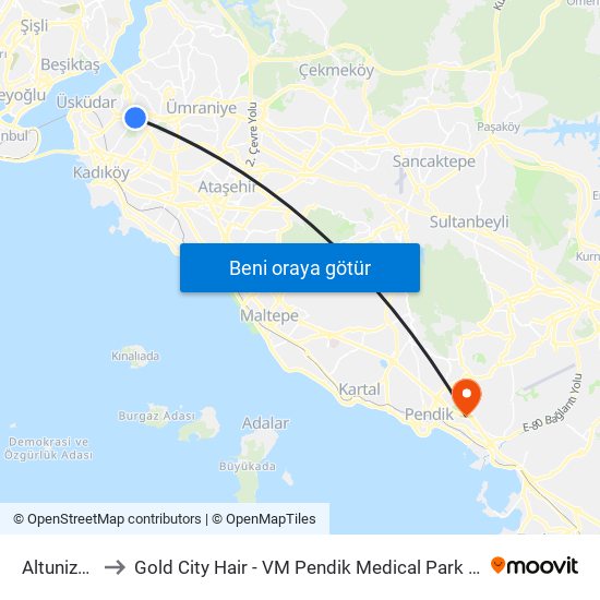 Altunizade to Gold City Hair - VM Pendik Medical Park Hospital map