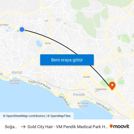 Soğanlık to Gold City Hair - VM Pendik Medical Park Hospital map