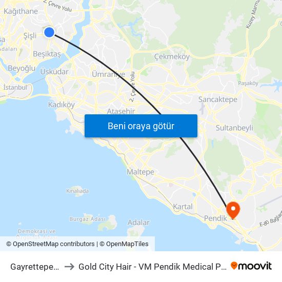 Gayrettepe (M2) to Gold City Hair - VM Pendik Medical Park Hospital map
