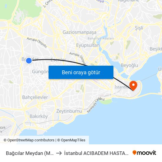 Bağcılar Meydan (M1b) to İstanbul  ACIBADEM HASTANESİ map