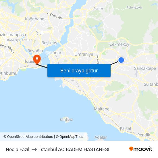 Necip Fazıl to İstanbul  ACIBADEM HASTANESİ map
