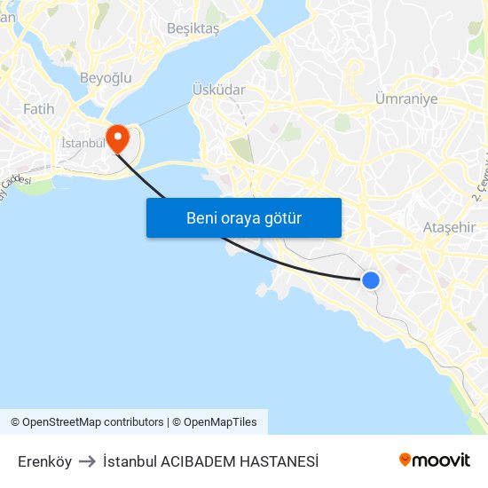 Erenköy to İstanbul  ACIBADEM HASTANESİ map
