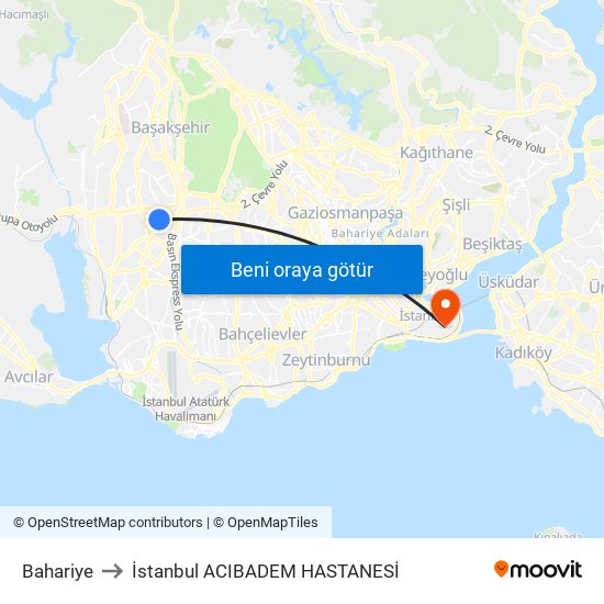 Bahariye to İstanbul  ACIBADEM HASTANESİ map