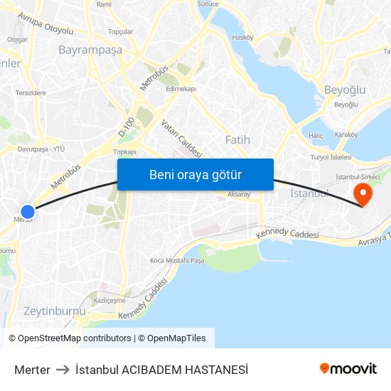 Merter to İstanbul  ACIBADEM HASTANESİ map