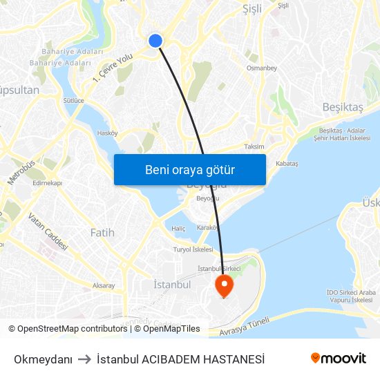Okmeydanı to İstanbul  ACIBADEM HASTANESİ map