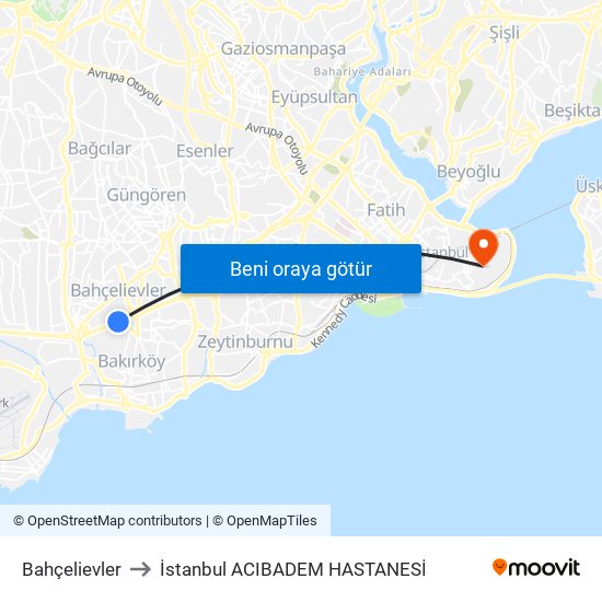 Bahçelievler to İstanbul  ACIBADEM HASTANESİ map