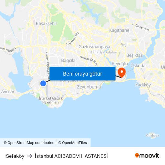 Sefaköy to İstanbul  ACIBADEM HASTANESİ map